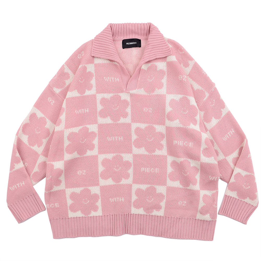 DAISY CHECKERBOARD POLO KNIT SWEATER (PINK)